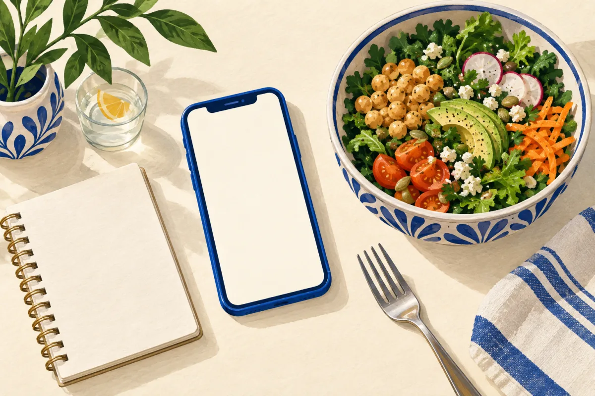 Ilustración de un teléfono, una libreta y un tazón de comida para organizar la alimentación.