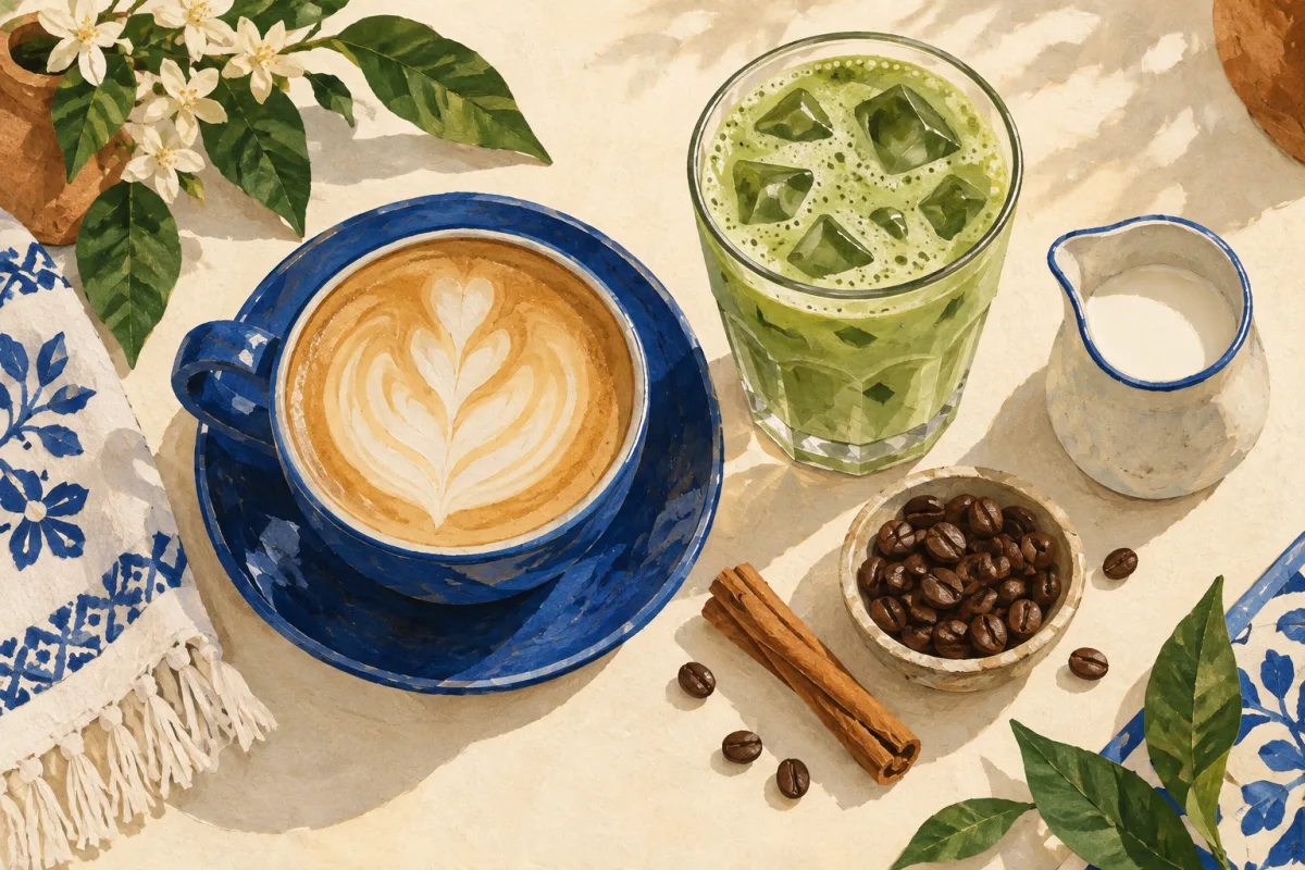 Ilustración de un café con leche, matcha frío y una jarra de leche.