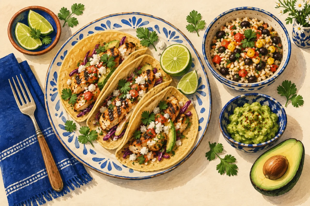 Ilustración de tacos, arroz, aguacate y limones sobre una mesa.