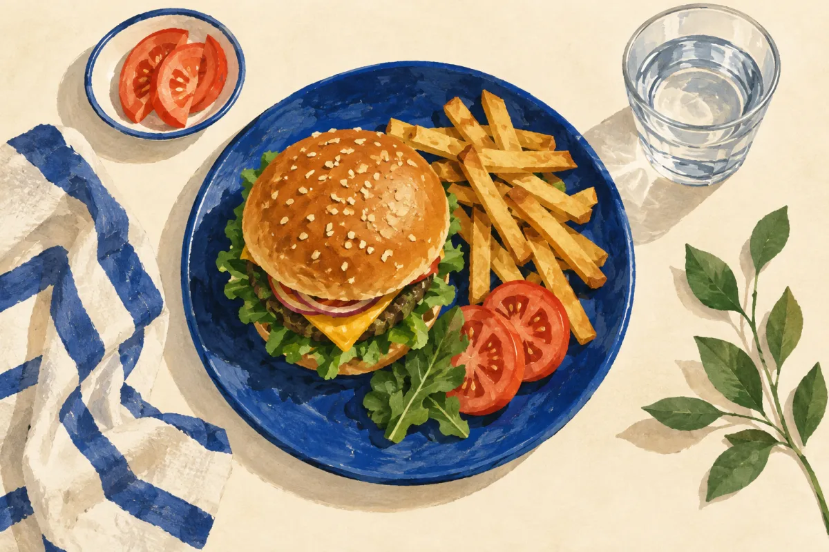 Ilustración de una hamburguesa con papas, tomate y un vaso de agua.