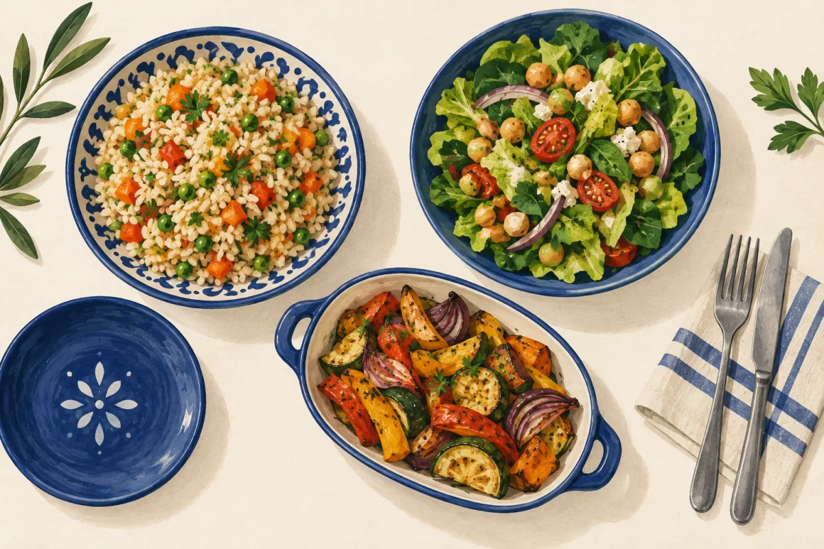 Ilustración de arroz con verduras, ensalada con garbanzos y vegetales asados.
