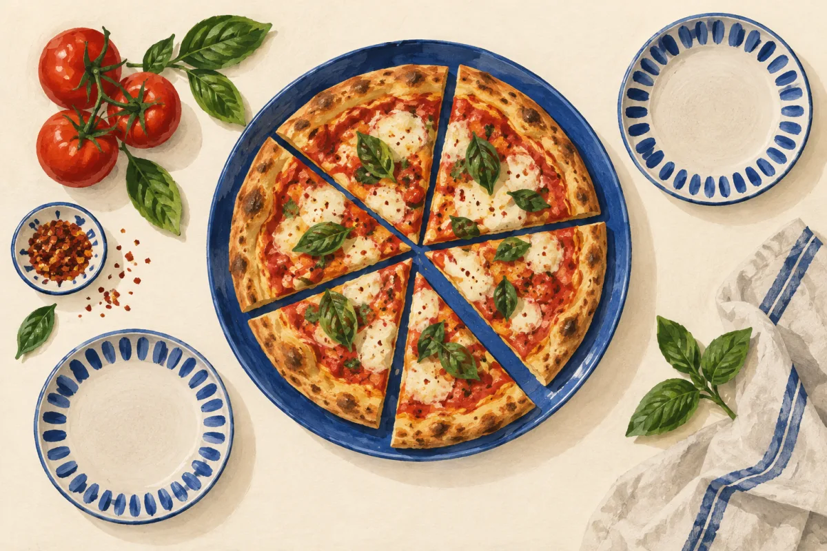 Ilustración de una pizza cortada en rebanadas, platos y albahaca.
