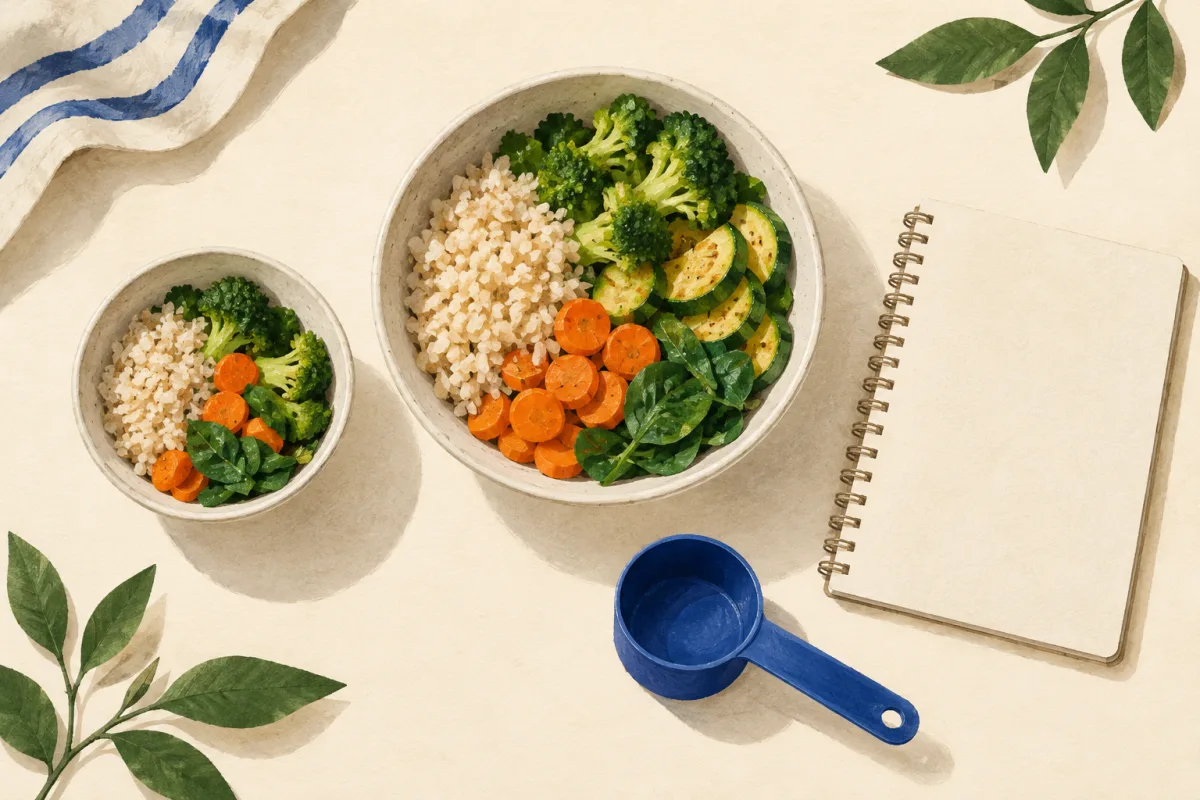 Ilustración de dos porciones de arroz con vegetales en tazones de distinto tamaño.